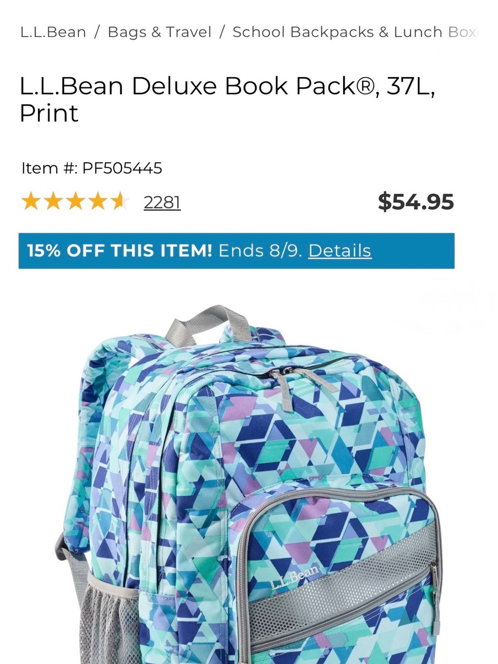 L.L.Bean Deluxe Backpack W/Mesh Pocket Zip- in pattern "Fresh Mint Prism"
